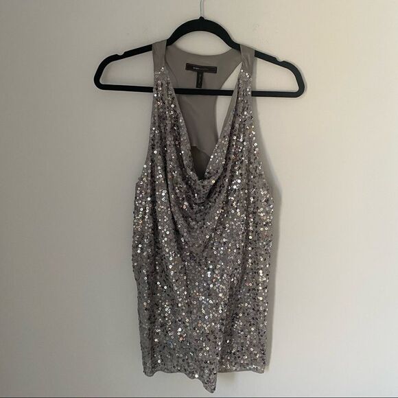 BCBGMAXAZRIA Women’s Draped Neck Sequins Shiny T Back Silk Blouse - Picture 1 of 6
